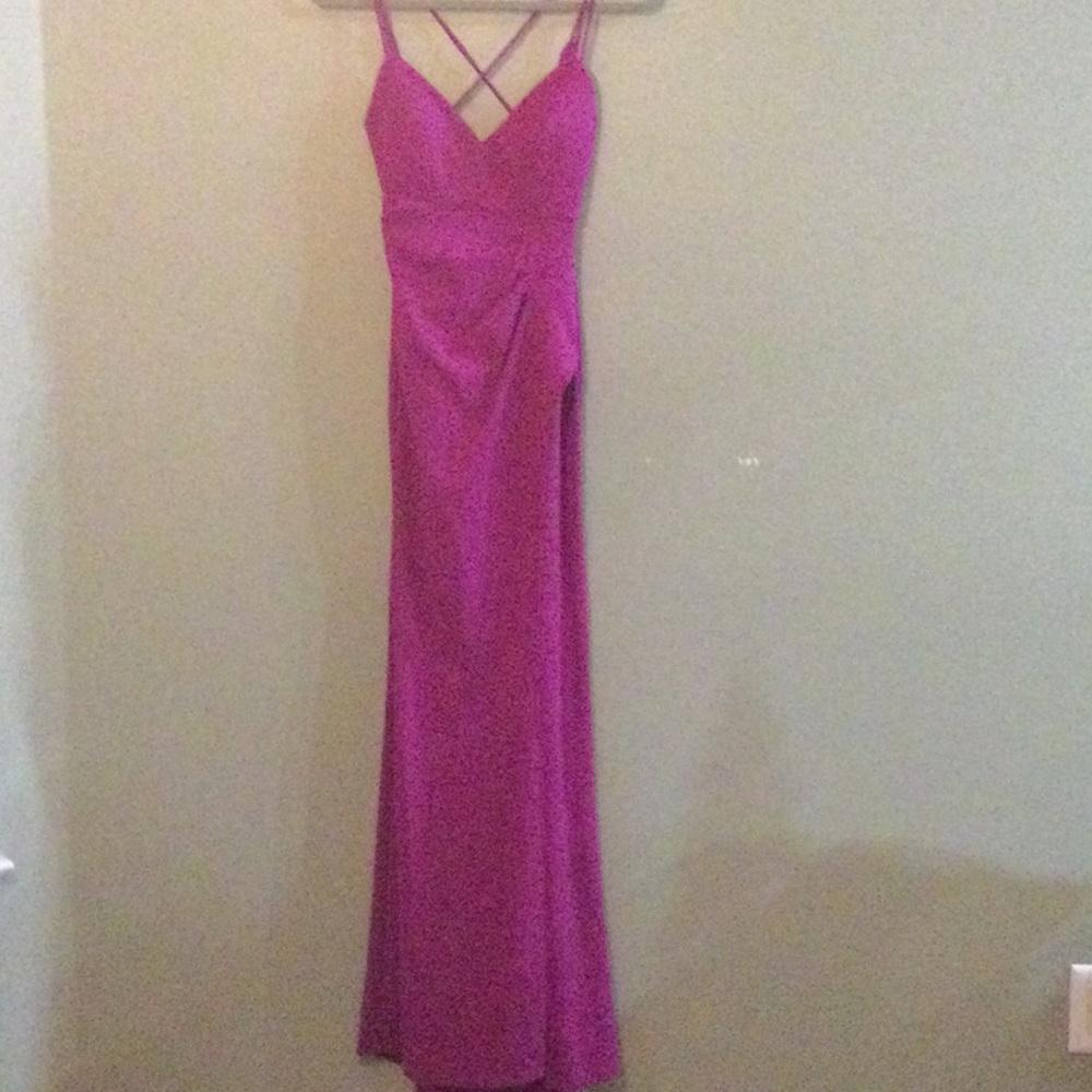 Jump Apparel Raspberry Gown. Draped at waist with a high slit.  Lace up back XXS